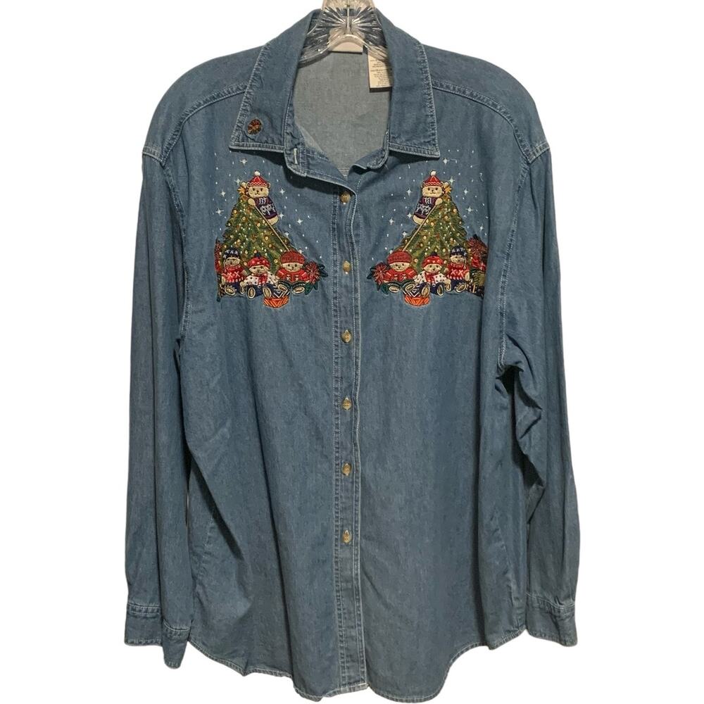 Embroidered Christmas Bears Chambray Shirt Button Up Bobbie Brooks XL (16/18)